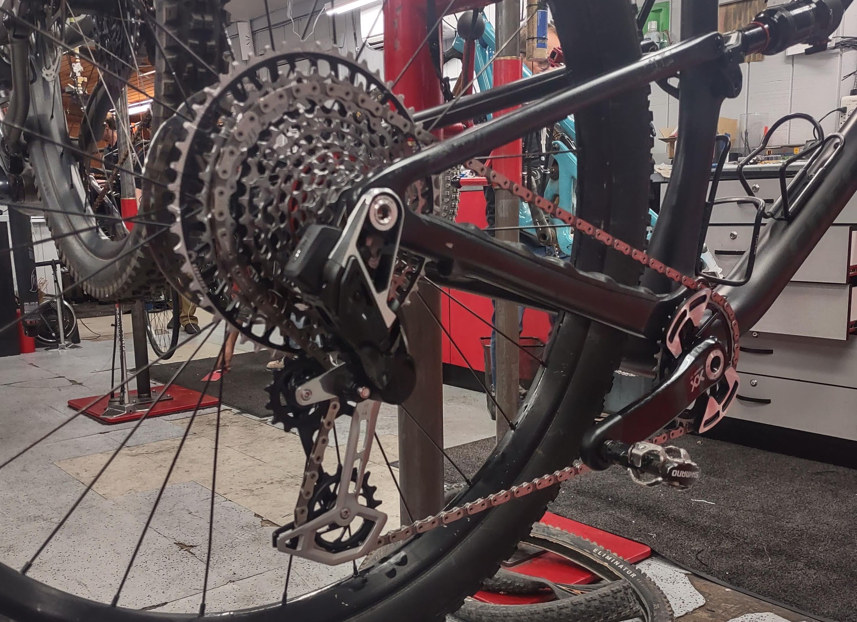 Sram Transmission on my Epic Evo on a bike repair stand.